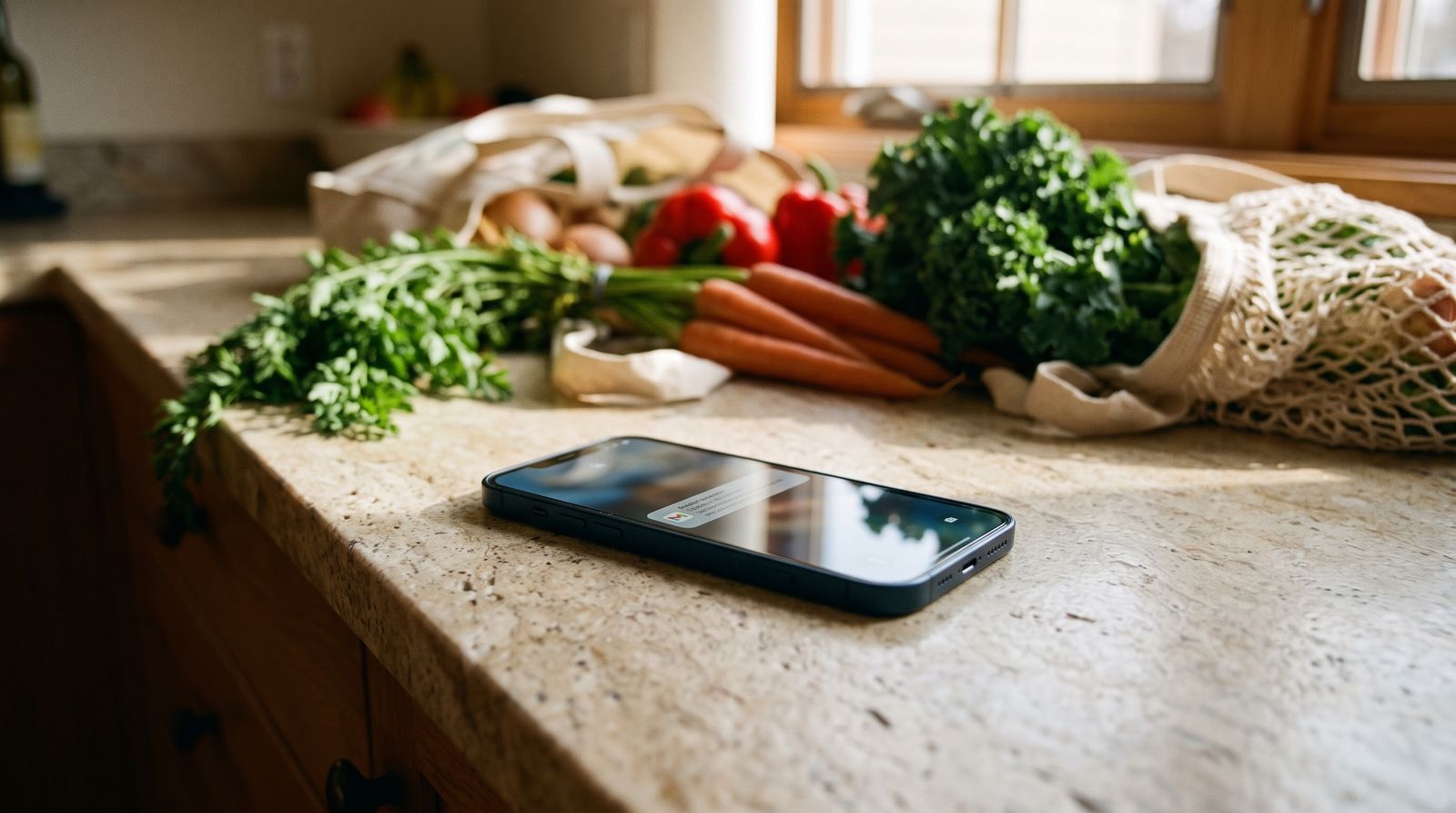 Phone on a kitchen counter showing a budget alert, with grocery bags in the background
