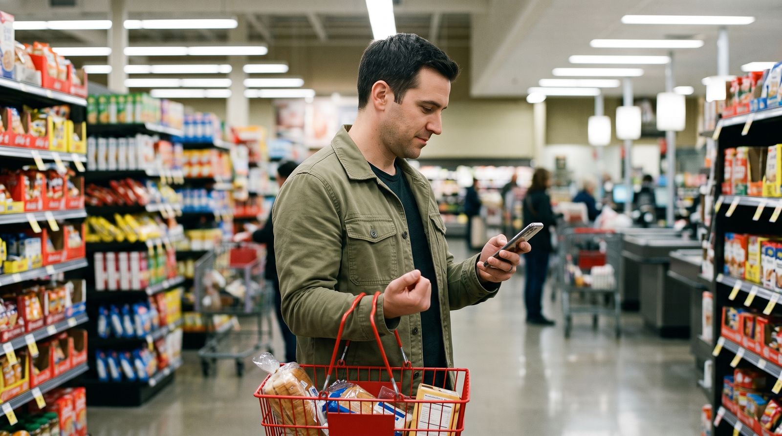 Man in a grocery store aisle looking at his phone before paying