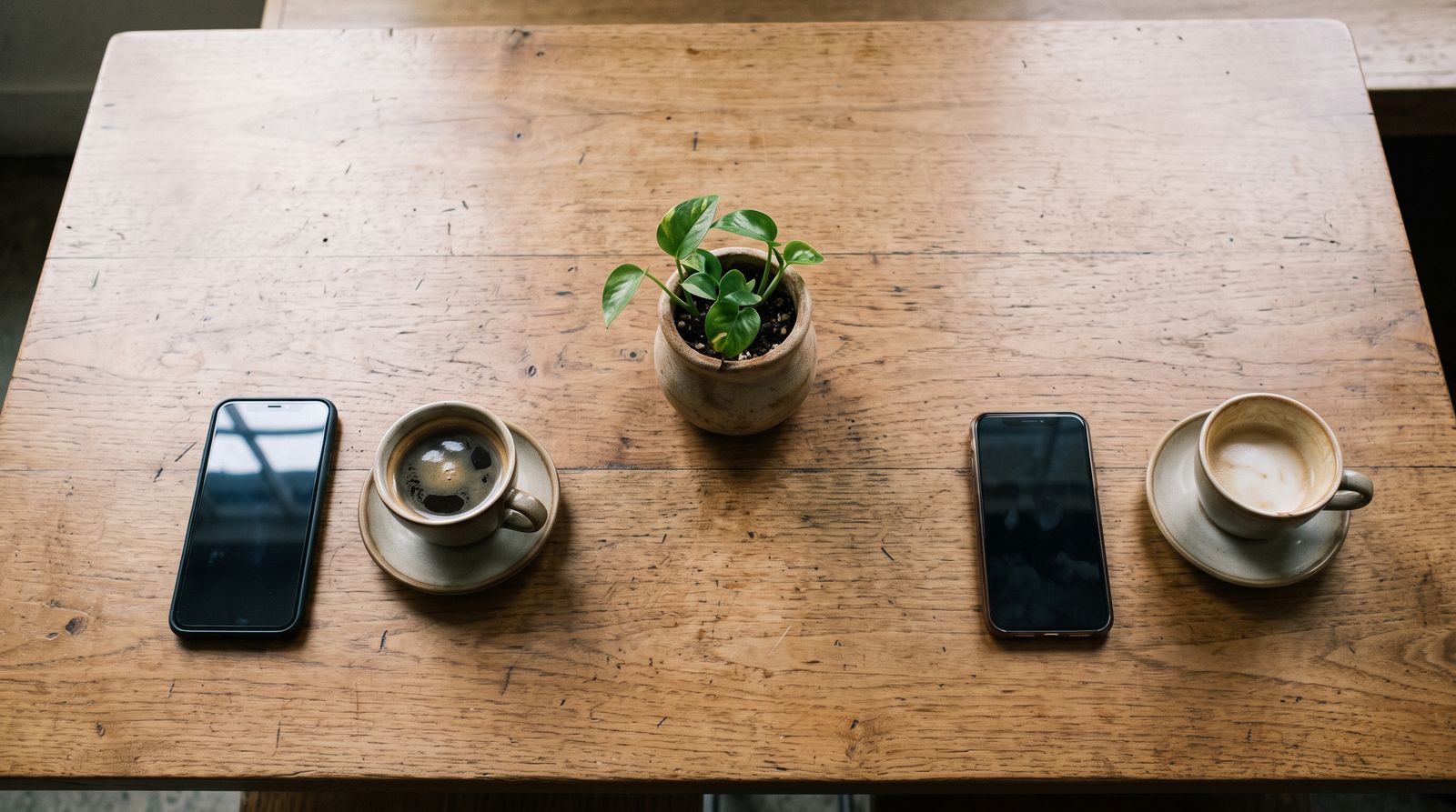 Dos teléfonos y dos tazas de café sobre una mesa, uno para cada miembro de la pareja