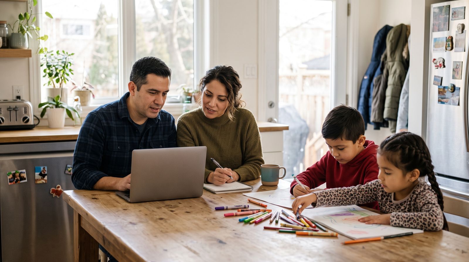 Familia de cuatro planificando el presupuesto mensual del hogar en la mesa de la cocina