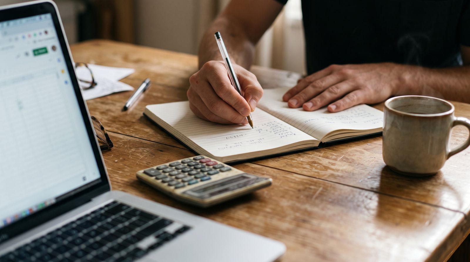Manos escribiendo el presupuesto del hogar en una libreta junto a una laptop y una calculadora