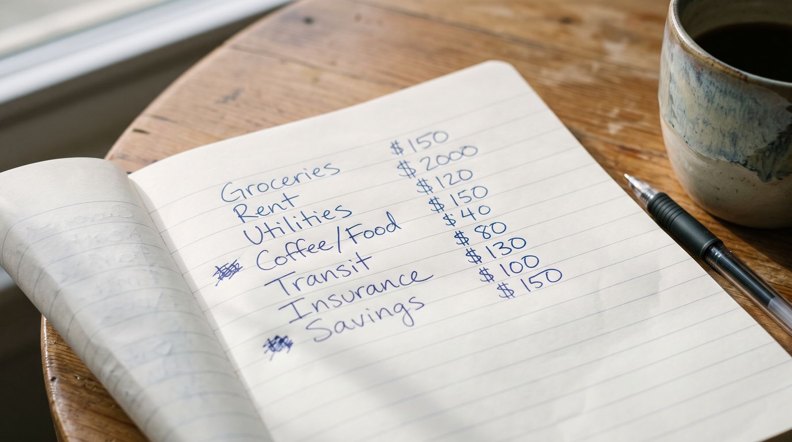 Libreta con límites por categoría escritos a mano junto a una taza de café